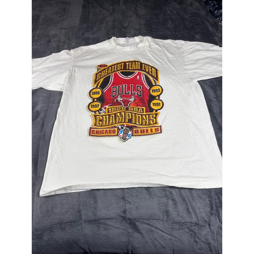 Vintage Starter Chicago Bulls 1996 NBA Champions T-Shirt Mens XL White Graphic‎